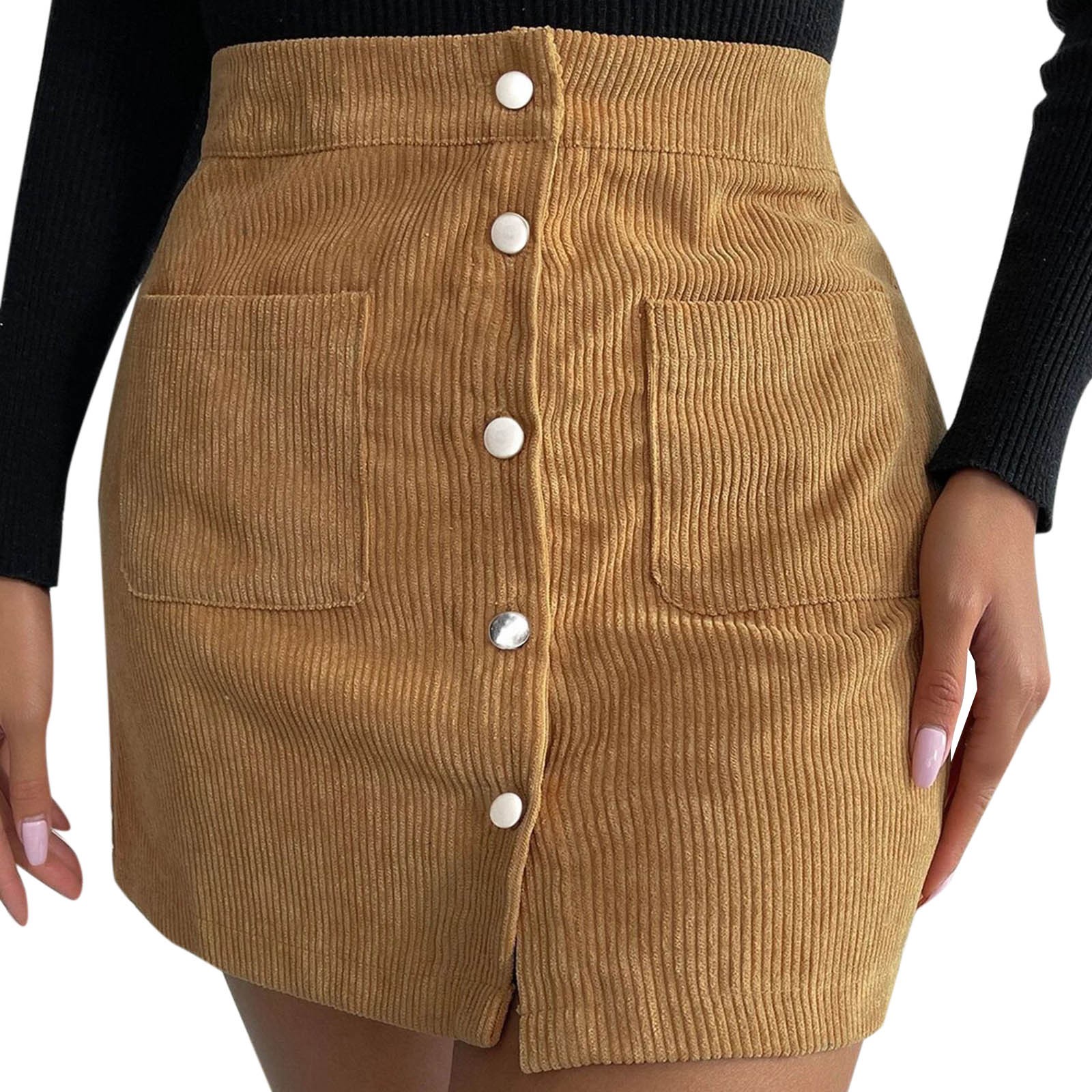 thumbnail image 1 of Falda corta de pana lisa con cremallera y cintura alta para mujer, otoño-invierno, corte ajustado y envolvente, 1 of 6